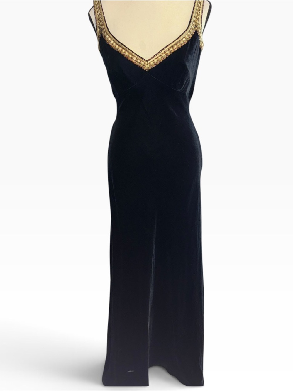 Y2K Carmen Marc Valvo Vintage Black Velvet Silk Blend Gown Gold Embroidered Sz 4